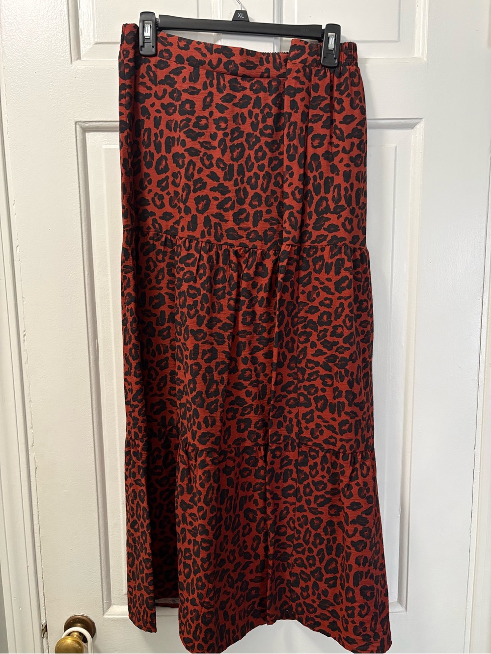 Nine West Red / Orange Leopard Print Tiered Maxi Skirt